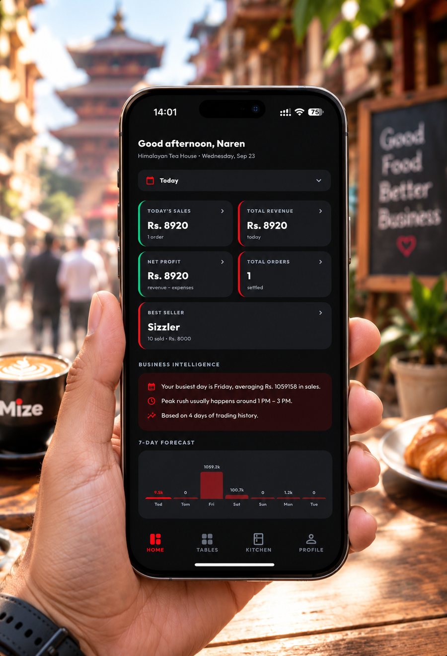 The Mize OS app open on a phone, showing today's sales, best seller and the 7-day forecast
