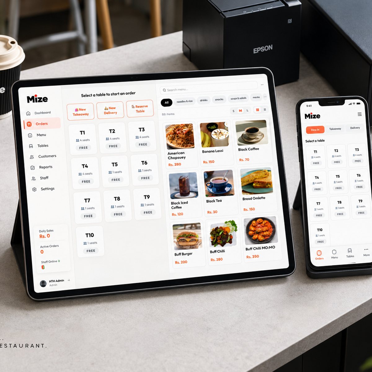 Mize Counter POS on a tablet and phone at a café counter, showing the table grid and menu